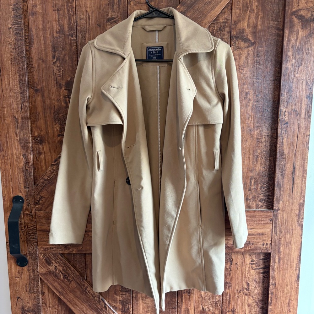 Abercrombie and Fitch Khaki Double Breasted Drapey Trench Coat XXS No belt EUC‎ - Picture 6 of 8